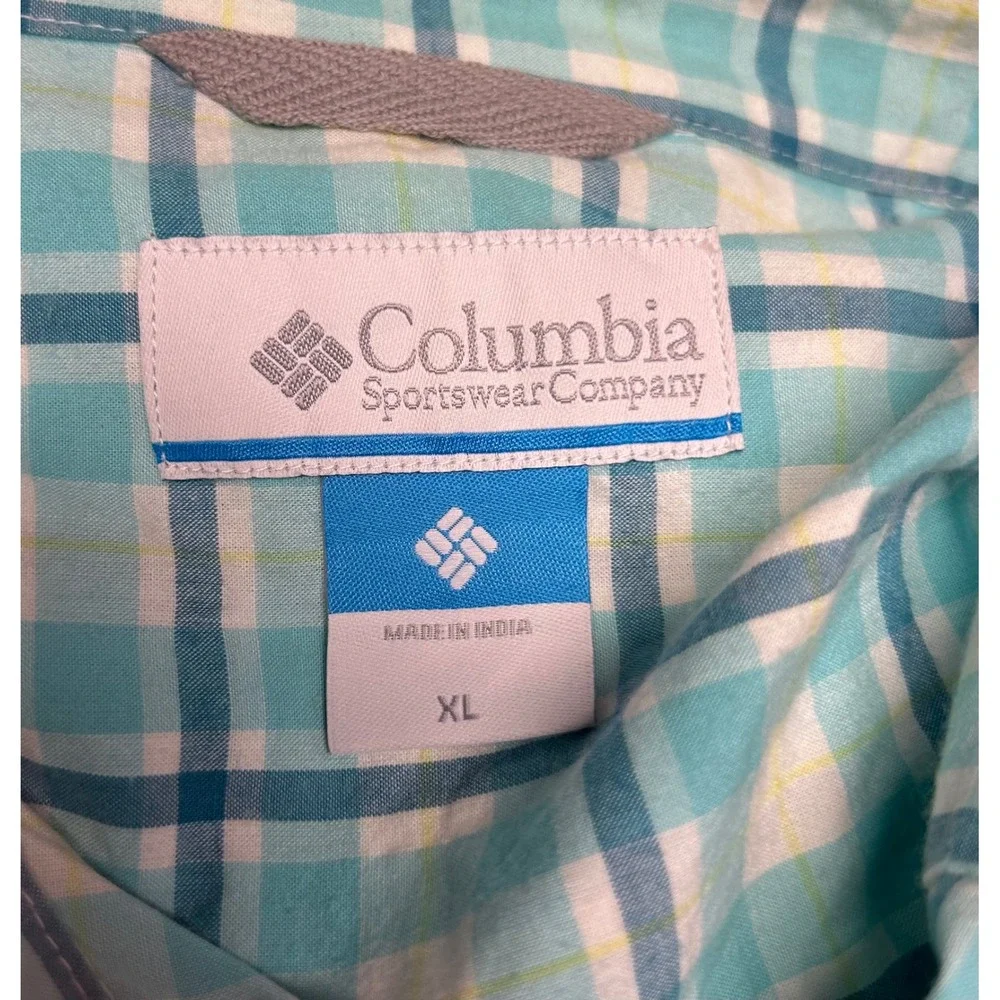 Columbia Mens Plaid Button Down Shirt XL Long Sleeve Teal Blue Cotton Casual